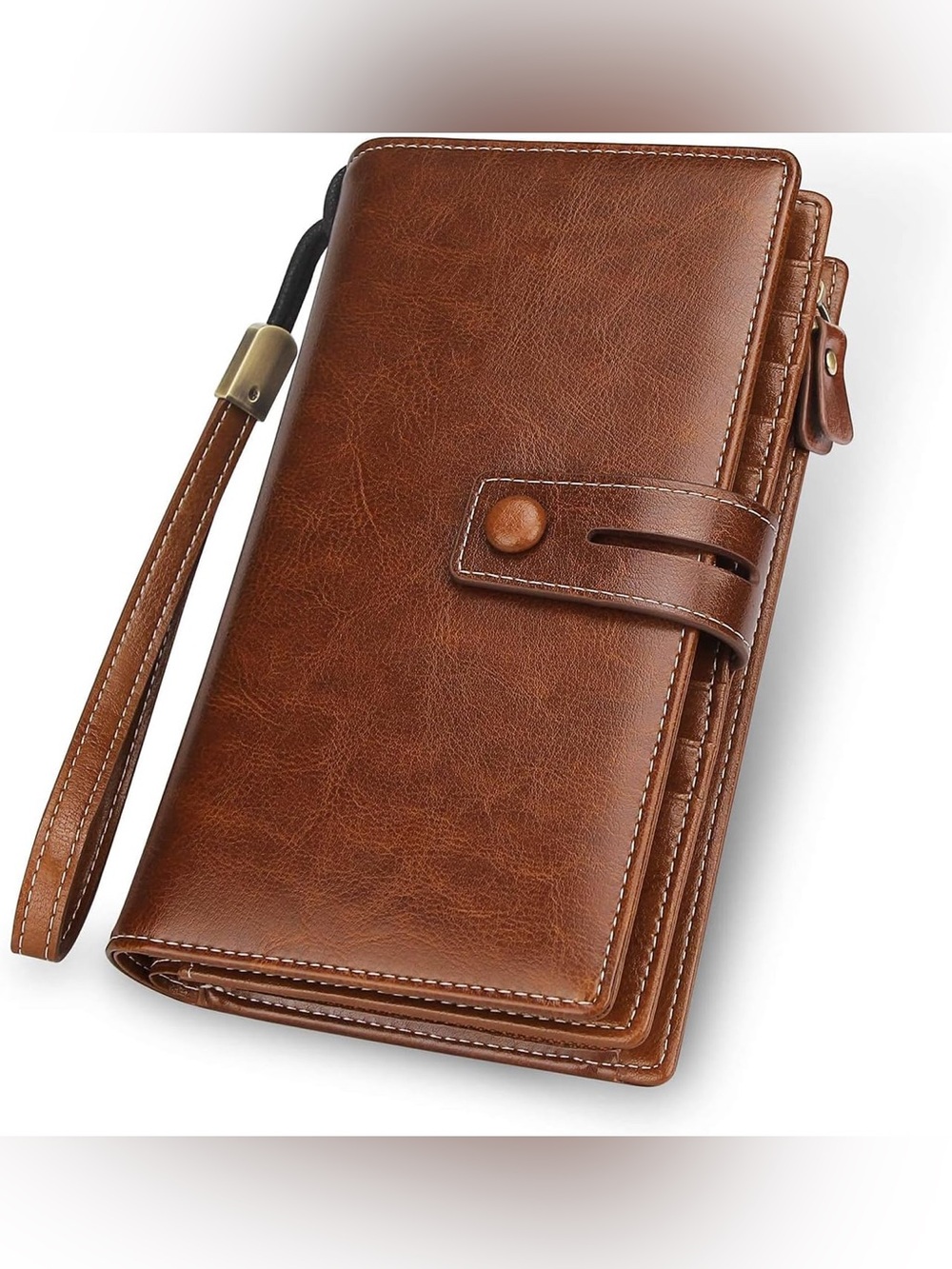 FUNTOR Women's Big Fat RFID Blocking Brown Leather Zip Around Wallet
